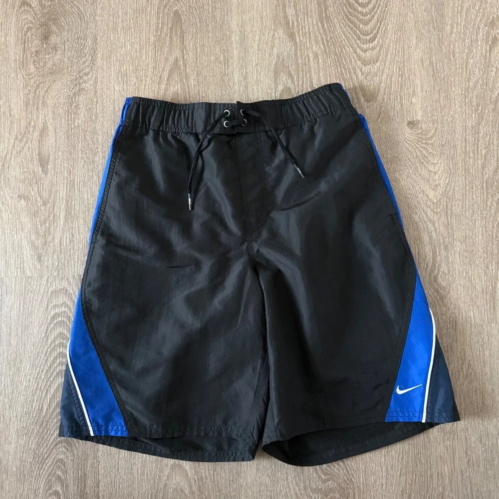 VTG Nike Swim Trunks Black Blue Colorblock Mesh Lined Board Shorts Mens Small
